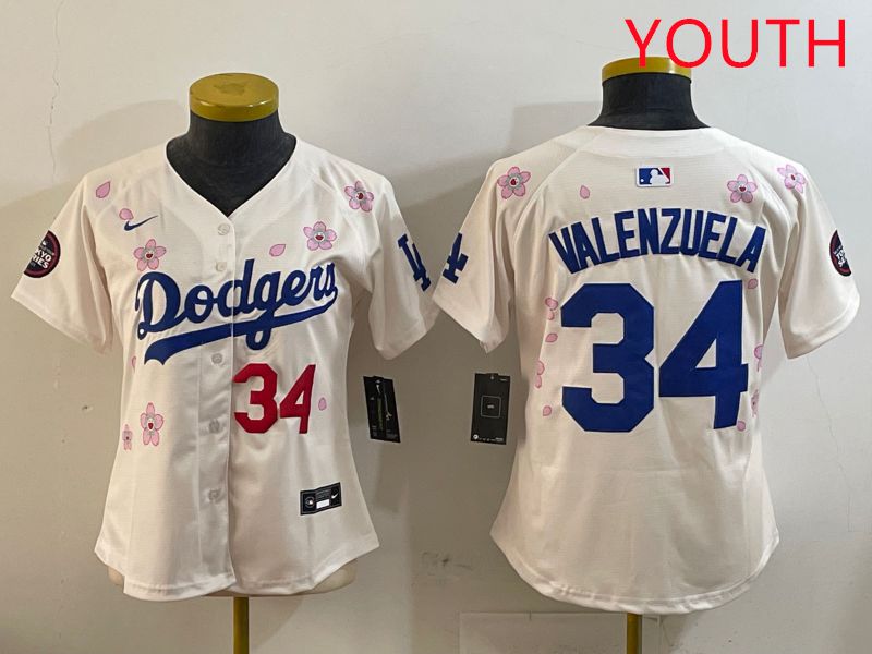 Youth Los Angeles Dodgers #34 Valenzuela Cream Sakura Edition 2025 Nike MLB Jersey style 6